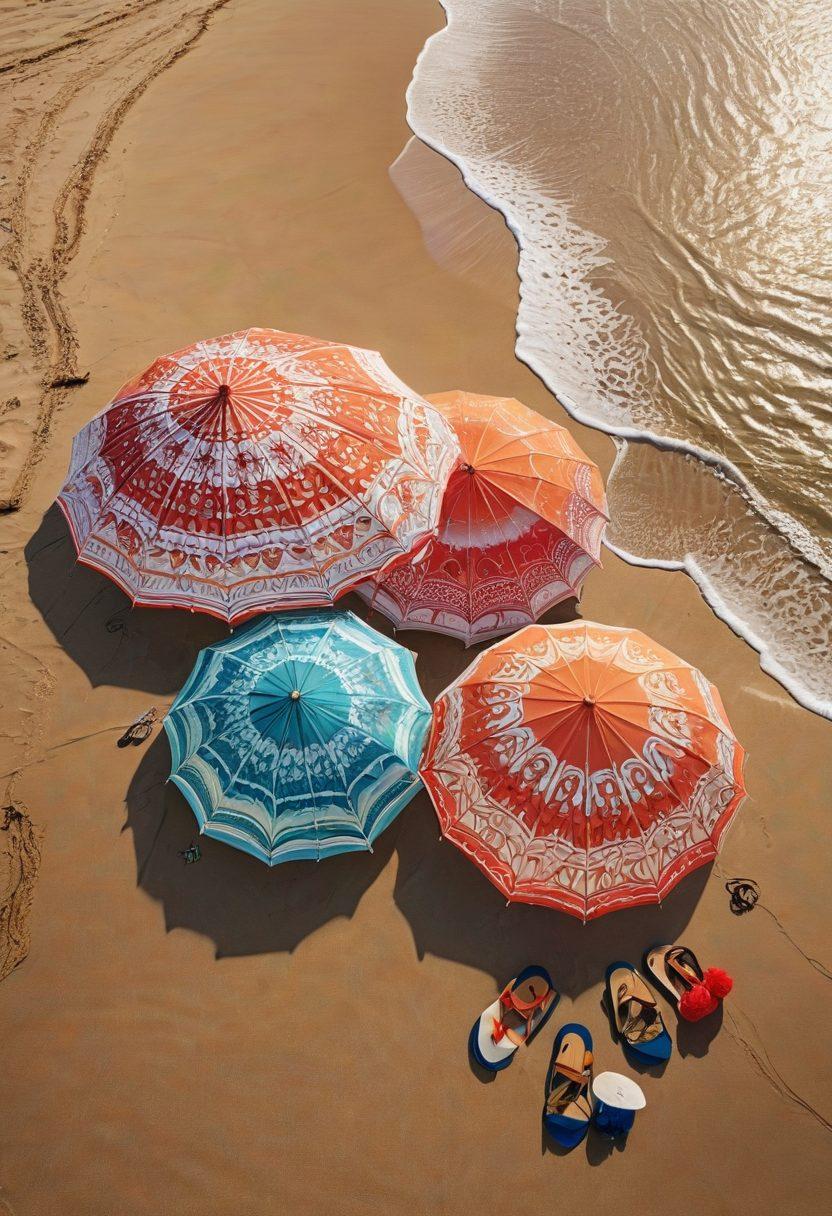 A stunning beach scene featuring a diverse group of fashion-forward individuals wearing eco-friendly swimsuits adorned with intricate ocean-inspired art. Vibrant seashells, coral patterns, and marine life motifs blend harmoniously into their outfits against a backdrop of a clear blue ocean and soft white sand. Include elements of sustainability, like reusable beach bags and solar-powered accessories, showcasing a connection between fashion and ocean conservation. The atmosphere is lively, with colorful beach umbrellas and a radiant sun setting on the horizon. super-realistic. vibrant colors. dynamic composition.